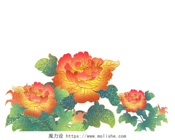 红色国潮古风中国风牡丹花花朵元素PNG素材